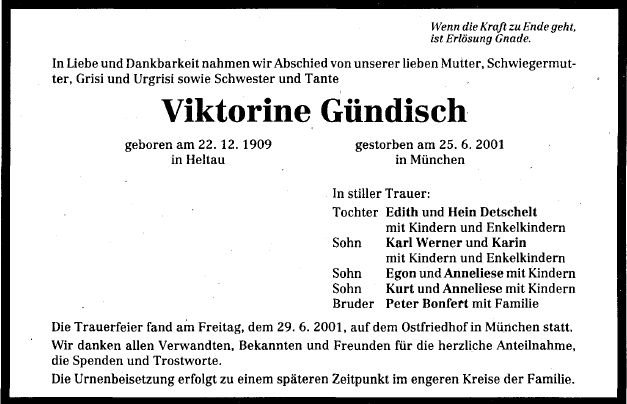 Bonfert Viktorine 1909-2001 Todesanzeige